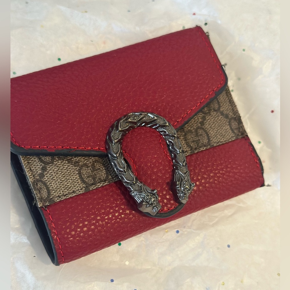 REPURPOSEGucci Red and Brown Leather Wallet with Silver-Tone Tiger Head Hardware